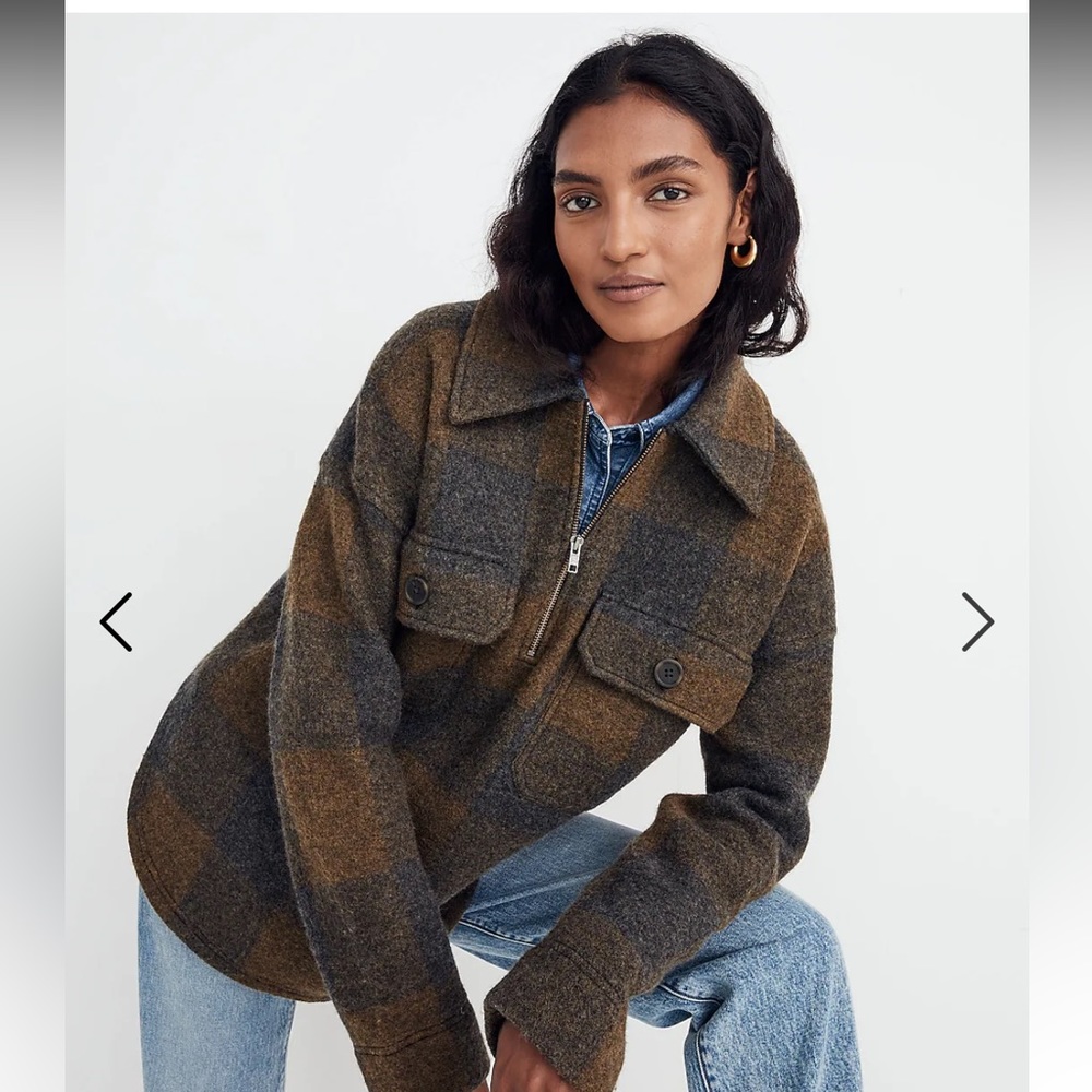 Madewell women’s small sweater boiled merino wool half zip popover plaid NA810